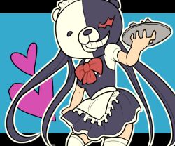  1girl apron black_dress black_hair blue_background bow character_mask commentary_request danganronpa/zero danganronpa_(series) dress holding holding_tray long_hair maid mask monokuma monokuma_maid outline pinafore_dress red_bow shirt short_sleeves simple_background sleeveless sleeveless_dress solo syam1020_831 thigh-highs tray very_long_hair white_apron white_outline white_shirt white_thighhighs 