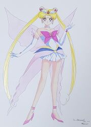  1girl ankleband bare_shoulders bishoujo_senshi_sailor_moon bishoujo_senshi_sailor_moon_stars blonde_hair bow brooch cape closed_mouth collared_shirt commentary_request concept_art crescent crescent_facial_mark curtained_hair double_bun earrings elbow_gloves eternal_sailor_moon facial_mark forehead_mark fukano_youichi full_body gloves hair_bun hair_ornament hand_up heart heart_earrings high_heels jewelry leotard long_hair looking_at_viewer magical_girl miniskirt pearl_choker pink_bow pink_cape pink_shoes pink_wings prototype_design sailor_moon see-through_cape see-through_clothes shirt shoes signature simple_background skirt smile solo standing star_brooch strapless strapless_leotard tiara traditional_media transparent_wings tsukino_usagi very_long_hair waist_cape white_background white_gloves white_leotard white_skirt wings 