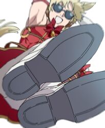  1boy :d animal_ears attacking_viewer blonde_hair boots bow bowtie char_aznable commentary cosplay crossdressing crossdressing_(mtf) dress dropkick flying_kick gold_ship_(red_strife)_(umamusume) gold_ship_(umamusume) gold_ship_(umamusume)_(cosplay) gundam horse_boy horse_ears horse_tail kicking kicking_viewer male_focus mivic_zel mobile_suit_gundam open_mouth red_bow red_dress shoe_soles short_hair simple_background sleeveless sleeveless_dress smile solo sunglasses tail umamusume untranslatable_commentary white_background white_boots 