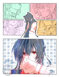  5girls absurdres amaori_renako animal animalization ao_(aymr6215) ashigaya_high_school_uniform black_cat black_hair blush bow bowtie braid cat closed_mouth collared_shirt commentary_request covering_own_mouth half_up_braid highres holding holding_animal holding_cat koto_satsuki koyanagi_kaho multiple_girls ouzuka_mai red_eyes school_uniform sena_ajisai shirt smile watashi_ga_koibito_ni_nareru_wake_naijan_murimuri! 
