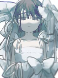  1girl alien_stage black_hair bow commentary_request dress dress_bow expressionless fyod_726 grey_eyes hair_bow highres korean_commentary short_hair sleeveless sleeveless_dress solo sua_(alien_stage) white_bow white_dress 