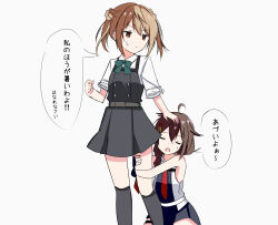  2girls ahoge black_dress black_gloves black_hair black_shirt black_skirt bow bowtie braid breasts brown_eyes brown_hair closed_eyes collared_shirt commentary_request donut_hair_bun double_bun dress dress_shirt feet_out_of_frame fingerless_gloves gloves green_bow green_bowtie grey_socks hair_bun hair_flaps hair_over_shoulder highres hugging_own_legs ichigomaru_d kantai_collection long_hair medium_breasts michishio_(kancolle) michishio_kai_ni_(kancolle) multiple_girls necktie pleated_skirt red_necktie shigure_(kancolle) shigure_kai_san_(kancolle) shirt simple_background single_braid skirt sleeveless sleeveless_shirt sleeves_rolled_up socks translation_request twintails two-tone_shirt white_background white_shirt 
