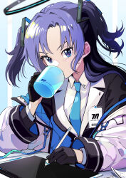  1girl black_gloves black_jacket blue_archive blue_eyes blue_necktie collared_shirt commentary cup drinking english_commentary eudetenis gloves half_gloves halo highres holding holding_cup holding_pen holding_stylus holding_tablet_pc id_card jacket long_hair long_sleeves looking_at_viewer mechanical_halo mug necktie off_shoulder open_clothes open_jacket parted_bangs pen purple_hair shirt sidelocks simple_background solo stylus suit tablet_pc two-sided_fabric two-sided_jacket two_side_up upper_body white_jacket white_shirt yuuka_(blue_archive) 