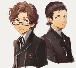  2boys black-framed_eyewear black_hair black_jacket black_ribbon brown_eyes brown_hair closed_mouth commentary_request cropped_torso dress_shirt gekkoukan_high_school_uniform glasses grey_background hair_slicked_back hiraga_keisuke isa_(peien516) jacket looking_at_another looking_at_viewer male_focus multiple_boys neck_ribbon odagiri_hidetoshi persona persona_3 rectangular_eyewear ribbon school_uniform semi-rimless_eyewear shirt short_hair simple_background under-rim_eyewear upper_body white_shirt 