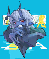  aqua_jacket blue_background blue_horns blue_oni blue_skin blue_tail colored_skin commentary_request hair_between_eyes hair_between_horns highres holding holding_mask horns jacket kikiki_1123 looking_at_viewer mask multicolored_horns oni open_mouth pointy_ears red_eyes short_hair skin-covered_horns soukaku_(zenless_zone_zero) tail teeth two-tone_horns two-tone_tail white_hair zenless_zone_zero 