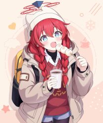  1girl absurdres animal_ear_headwear backpack bag beanie black_pantyhose blue_archive blue_eyes blue_shorts blush braid brown_hat brown_jacket commentary cowboy_shot cup dango disposable_cup food hair_between_eyes halo hat highres holding holding_cup holding_food jacket long_hair long_sleeves maki_(blue_archive) maki_(camp)_(blue_archive) moyu_shilipiaoxiang official_alternate_costume official_alternate_hairstyle open_mouth pantyhose red_hair red_halo red_sweater_vest shirt shorts solo sweater_vest twin_braids untranslatable_commentary wagashi white_shirt yellow_bag 