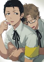  2boys armband black-framed_eyewear black_hair black_ribbon closed_eyes commentary_request dress_shirt eating gekkoukan_high_school_uniform hair_slicked_back hiraga_keisuke hug hug_from_behind isa_(peien516) looking_at_another looking_back male_focus multiple_boys neck_ribbon odagiri_hidetoshi open_mouth persona persona_3 rectangular_eyewear ribbon school_uniform semi-rimless_eyewear shirt short_hair short_sideburns sideburns simple_background upper_body white_background white_shirt yellow_armband 