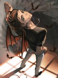  1boy bat_(animal) black_shirt brown_hair chain closed_mouth demon_boy demon_horns demon_tail demon_wings eren_yeager green_eyes grey_pants half_updo hand_in_own_hair hand_on_own_hip highres horns jewelry key key_in_mouth key_necklace looking_at_viewer male_focus medium_hair necklace pants shingeki_no_kyojin shirt smile solo standing t-shirt tail twitter_username wings yabi_oblivion 