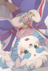 1boy agyo_(housamo) blush dog_boy facial_mark forehead_mark furry furry_male green_eyes highres hijirino_yuuta holding japanese_clothes looking_at_viewer male_focus object_request open_mouth signature solo tokyo_afterschool_summoners upside-down 