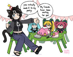  >_o 1girl akita_neru animal_ear_fluff animal_ears belt black_belt black_hair black_jacket black_sandals brown_eyes cake cake_slice car-mouth_cake car-mouth_kirby cat_ears cat_girl cat_tail chair character_doll clenched_hand denim doll english_commentary english_text food fork froggy_chair hat hatsune_miku highres jacket jeans kasane_teto kasane_teto_(utau) kirby kirby_(series) knife mitsuko_tan multicolored_hair nina_(mitsuko_tan) one_eye_closed original outstretched_hand pants party_hat plate sandals signature smile solo speech_bubble streaked_hair string_of_flags table tail teeth utau vocaloid white_hair zipper 