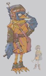  1boy 1girl beak berdly_(deltarune) bird_boy blue_feathers chrono_trigger closed_mouth commentary cosplay crossover deltarune english_commentary feather_fingers feathers furry furry_male glasses green_hat hat highres inaritenn lucca_ashtear lucca_ashtear_(cosplay) reference_inset sparkle utdr_(toby_fox) 
