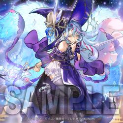  1girl anonymous_(yu-gi-oh!) bare_shoulders bead_bracelet beads blue_eyes blue_hair bracelet commentary_request copyright_name dress duel_monster frilled_dress frilled_thighhighs frills glass_heels hammer hat high_heels jewelry large_hat long_hair looking_at_viewer multicolored_hair official_art parted_bangs red_hair rilliona_(yu-gi-oh!) sample_watermark scissors solo streaked_hair thigh-highs wand watermark witch witch_hat witchcrafter_madame_rilliona yu-gi-oh! zettai_ryouiki 