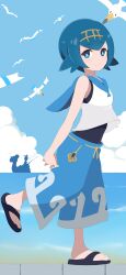  1girl absurdres black_one-piece_swimsuit black_sandals blue_eyes blue_hair blue_pants bright_pupils closed_mouth clouds commentary day from_side hairband highres kocha_(jgug7553) lana_(pokemon) lapras looking_to_the_side one-piece_swimsuit outdoors pants pokemon pokemon_(anime) pokemon_(creature) pokemon_the_series:_sun_&amp;_moon sandals shirt short_hair silhouette sky sleeveless sleeveless_shirt smile split_mouth standing swimsuit swimsuit_under_clothes wave_print white_pupils white_shirt wingull yellow_hairband 