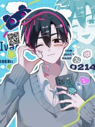  1boy absurdres alien_stage bandaid bandaid_on_face black_eyes black_mask cellphone_charm character_name charm_(object) collared_shirt commentary_request fang food gauze gauze_on_cheek grey_sweater hair_ornament hair_ribbon hairclip half-heart_hands highres ho_pi holding holding_phone ivan_(alien_stage) kamaboko male_focus mask narutomaki official_alternate_costume one_eye_closed phone pink_ribbon red_pupils ribbon shirt solo sweater unworn_mask white_shirt zoom_layer 