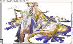  1girl arknights arm_support art_program_in_frame bare_shoulders bead_bracelet beads blue_eyes blue_hair boots bracelet breasts chinese_commentary collarbone commentary_request dragon_girl dragon_horns dragon_tail earrings eastern_dragon_horns eastern_dragon_tail eyeliner from_above gradient_hair grey_hair hair_ornament hair_spread_out hair_stick half_updo highres holding holding_weapon horns jacket jacket_partially_removed jewelry jingmi knees_up long_hair looking_at_object makeup multicolored_hair off_shoulder orange_eyeliner pants pointy_ears shu_(arknights) simple_background sitting small_breasts solo strapless tail tassel tassel_earrings tube_top very_long_hair very_long_tail weapon white_background white_jacket white_pants white_tube_top yellow_hands 