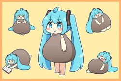  >_< 1girl :3 :d ahoge bare_arms bare_shoulders barefoot blue_eyes blue_hair blush_stickers book border chibi chibi_only closed_eyes closed_mouth clothing_request commentary_request double-parted_bangs hatsune_miku long_hair multiple_views nukotun open_book open_mouth orange_border outline simple_background smile twintails very_long_hair vocaloid white_outline xd yellow_background |_| 