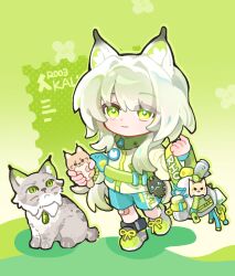  1girl absurdres alternate_costume animal animal_ear_fluff animal_ears animalization arknights bag blue_shorts cat_ears cat_girl character_charm charm_(object) chibi chibi_only closed_mouth full_body green_background green_eyes green_shoes green_theme highres holding holding_bag holding_stuffed_toy kal'tsit_(arknights) kal'tsit_esperanta_(arknights) liu_chong_luan long_hair long_sleeves looking_at_viewer lynx mon3tr_(arknights) shoes shorts smile solo standing stuffed_animal stuffed_cat stuffed_toy white_bag white_hair 