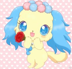  1girl :3 :d animal_ears bilingual_commentary blue_eyes blush chibi chibi_only chibikemo commentary digitigrade dog_ears dog_girl dog_tail english_commentary flower full_body furry furry_female hair_ornament heart holding holding_flower jewelpet_(creature) jewelpet_(series) jewelry jirachicute28 mixed-language_commentary necklace official_style pink_background red_flower red_rose rose sapphie_(jewelpet) smile spanish_commentary tail treble_clef watermark 