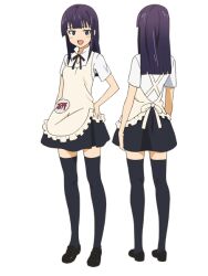  1girl anime_coloring apron back black_ribbon black_shoes black_skirt blue_eyes blunt_bangs blush dot_nose full_body hand_on_own_hip long_hair looking_at_viewer miniskirt multiple_views neck_ribbon official_art open_mouth purple_hair ribbon shoes skirt smile standing tachi-e thigh-highs transparent_background tsurime turnaround violet_eyes wagnaria_uniform waitress working!! yamada_aoi yellow_apron zettai_ryouiki 