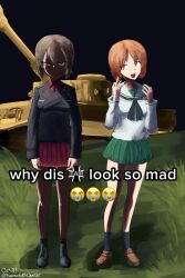  2girls black_jacket black_neckerchief brown_eyes brown_hair commentary cross crying_emoji emblem emoji english_commentary girls_und_panzer grass green_skirt highres jacket kuromorimine_(emblem) kuromorimine_military_uniform looking_at_viewer looking_to_the_side meme military_vehicle miniskirt motor_vehicle multiple_girls neckerchief nishizumi_maho nishizumi_miho ooarai_school_uniform open_mouth outdoors pharaohetcaesar pleated_skirt red_skirt sailor_collar school_uniform shaded_face shirt short_hair siblings sisters skirt smile tank twitter_username white_sailor_collar white_shirt why_dis_ninja_look_so_mad_(meme) 