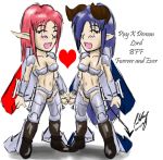  2girls ace_combat ace_combat_zero adfx-02_morgan airplane bare_arms blue_hair breasts demon demon_tail f-15 fairy gloves heart horns irony long_hair mecha_musume navel pink_hair pointy_ears signature sketch skunk_works_(artist) tail text thigh-highs weapon white_eyes yellow_eyes 