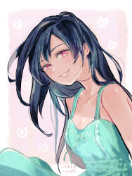  1girl aged_down aqua_dress bare_shoulders birthday black_hair blush border collarbone commentary_request dated dress final_fantasy final_fantasy_vii final_fantasy_vii_remake heart highres long_hair looking_at_viewer ninnin5tora parted_lips pink_background red_eyes signature smile solo sundress tifa_lockhart upper_body white_border 