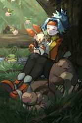  1girl against_tree blue_hair closed_eyes closed_mouth commentary_request day fingerless_gloves gloves grass hand_up headband highres hoppip jacket kmusy_mp4 light_rays open_clothes open_jacket orange_shoes outdoors plusle pokemon pokemon_(creature) pokemon_ranger_(series) politoed poliwag red_headband red_jacket sentret shirt shoes sitting smile solana_(pokemon) tree weedle white_shirt 