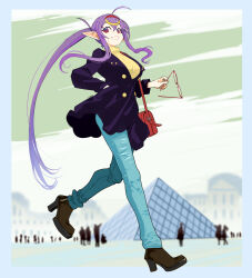  1girl absurdres ahoge aqua_pants bag boots breasts buttons clip_studio_paint coat commentary denim english_commentary eudetenis full_body glasses hair_between_eyes hand_in_pocket handbag high_heel_boots high_heels high_ponytail highres holding holding_removed_eyewear jeans large_breasts long_hair long_sleeves looking_at_viewer original outdoors pants pointy_ears ponytail purple_hair shoulder_bag sidelocks smile sweater turtleneck turtleneck_sweater unworn_eyewear very_long_hair violet_eyes walking 