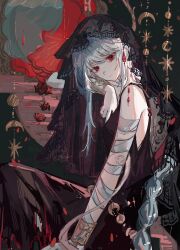  1girl absurdres bandaged_arm bandages black_background black_dress black_veil bracelet braid chinese_commentary closed_mouth commentary_request crescent dress feet_out_of_frame from_side highres jewelry long_hair looking_at_viewer official_alternate_costume procreate_(medium) qixianweijin red_eyes reverse:1999 semmelweis_(reverse:1999) semmelweis_(the_wax_and_wane_of_the_heart)_(reverse:1999) single_braid sleeveless sleeveless_dress smile solo sparkle veil white_hair 