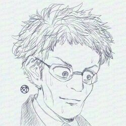  1boy closed_mouth commentary_request glasses kyokugen_dasshutsu kyokugen_dasshutsu:_9_jikan_9_nin_9_no_tobira male_focus mature_male monochrome nervous_sweating ninth_man_(kyokugen_dasshutsu) otogiku portrait short_hair simple_background solo sweat twitter_username watermark white_background 
