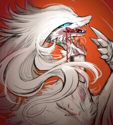  blood blood_from_mouth blood_on_face blue_eyes claws commentary_request highres licking_lips looking_at_viewer no_humans o_hitu_g pokemon pokemon_(creature) pokemon_focus red_background reshiram simple_background tongue tongue_out upper_body 