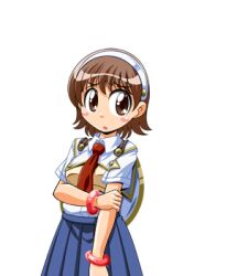  1girl armor azukino_anko_(manjuverunu) blue_skirt blush_stickers bracelet breasts brown_eyes brown_hair collared_shirt cowboy_shot game_asset hand_on_own_arm jewelry large_variant_set lowres manjuverunu_no_sen_otome miniskirt necktie non-web_source official_art parted_lips pleated_skirt raised_inner_eyebrows red_necktie school_uniform self-datamine shirt short_sleeves simple_background siubomanjyu skirt small_breasts solo standing tachi-e transparent_background variant_set white_shirt 