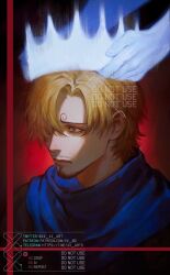  1boy artist_name blonde_hair blue_scarf crown curly_eyebrows curtained_hair diable_jambe facial_hair hair_over_one_eye highres male_focus mustache_stubble one_piece sanji_(one_piece) scarf signature solo spiky_hair stubble twitter_username xx_xx_art 