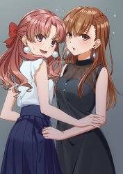  2girls aged_up alternate_hair_length_(longer) alternate_hairstyle asymmetrical_bangs black_dress blouse blue_skirt bow brown_eyes brown_hair commentary_request dress earrings floating_earrings grey_background hair_behind_ear hair_bow hand_on_another's_arm highres jewelry long_hair long_skirt misaka_mikoto multiple_girls naguramu open_mouth pearl_earrings red_bow shirai_kuroko shirt shirt_tucked_in skirt sleeveless sleeveless_dress smile sweatdrop toaru_kagaku_no_railgun toaru_majutsu_no_index twintails twitter_username yuri 