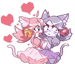  11001_dayo 2girls ahoge animal_ears bell blush cat_ears cat_girl cat_tail chibi colored_skin commentary_request deltarune ghost_pink_(deltarune) gloves green_eyes hair_bell hair_ornament heart holding_hands mad_mew_mew multiple_girls open_mouth pink_hair purple_hair purple_skin selfcest simple_background tail utdr_(toby_fox) white_background yuri 