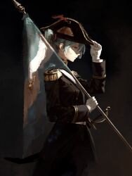  1girl absurdres adjusting_clothes adjusting_headwear aqua_eyes aqua_hair argentinian_flag argentinian_miku arm_up bicorne black_background black_hat black_jacket buttons commentary doremy double-breasted epaulettes expressionless flag from_side gloves gold_trim gradient_background hat hatsune_miku highres holding holding_flag jacket long_sleeves multi-source_commentary paid_reward_available profile saber_(weapon) shaded_face solo spanish_commentary sword vocaloid weapon white_gloves 