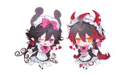 2girls ahoge apron black_hair black_sandals blush_stickers bow chibi chibi_only commentary_request demon_girl demon_horns dress fang frilled_apron frilled_dress frills funamusea genderswap genderswap_(mtf) haiiro_teien hair_bow heart horns huge_ahoge i_to_shi_ki_lie ivlis_(funamusea) long_hair looking_at_viewer low_twintails maid maid_apron maid_headdress male_focus multicolored_hair multiple_girls one_eye_closed open_mouth orange_eyes pink_bow red_hair sandals satanick_(funamusea) simple_background socks streaked_hair twintails white_apron white_background white_socks
