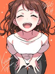  1girl absurdres bang_dream! birthday black_pants breasts brown_eyes character_name closed_eyes collarbone dated double_bun hair_bun happy_birthday highres medium_breasts nobusawa_osamu open_mouth orange_background pants shirt simple_background solo teeth toyama_kasumi upper_body upper_teeth_only white_shirt 
