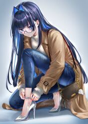  1girl adjusting_footwear artist_name bag blue_eyes blue_hair blue_pants blush brown_coat closed_mouth coat denim feet full_body grey_background high_heels highres hololive hololive_english jeans knee_up kneeling legs long_hair long_sleeves multicolored_hair official_alternate_costume open_clothes open_coat ouro_kronii ouro_kronii_(casual) pants round_eyewear shadow shirt shoulder_bag sidelocks sleeves_past_wrists solo stiletto_heels strappy_heels streaked_hair sylphynia toe_cleavage very_long_hair virtual_youtuber white_shirt 