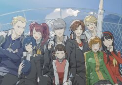  4boys 5girls amagi_yukiko arm_around_shoulder arm_up black_hair black_jacket black_pants black_sailor_collar blonde_hair blue_eyes blue_hair blue_shirt blue_sky brown_eyes brown_hair closed_eyes clouds commentary_request crossed_arms doujima_nanako dress gakuran green_jacket grey_eyes grey_hair hairband hanamura_yousuke hat headphones headphones_around_neck height_difference highres holding holding_unworn_clothes holding_unworn_hat jacket jacket_on_shoulders kujikawa_rise kuma_(human)_(persona_4) kuma_(persona_4) looking_at_viewer low_twintails multiple_boys multiple_girls narukami_yu neckerchief one_eye_closed open_mouth outdoors pants persona persona_4 red_hairband sailor_collar satonaka_chie school_uniform shdpska368 shirogane_naoto shirt sitting skirt sky smile sweatdrop tatsumi_kanji track_jacket twintails unworn_hat unworn_headwear yasogami_school_uniform yellow_neckerchief 