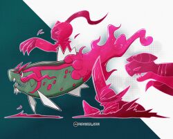  artist_name basculegion commentary english_commentary garchomp highres kingambit open_mouth pokemon pokemon_(creature) red_eyes simple_background sneasler teeth trainer_arki 