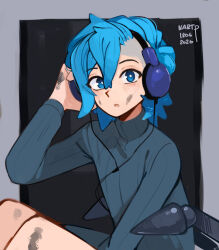  1girl absurdres asymmetrical_hair black_background blue_eyes blue_hair blue_sweater border bright_pupils commentary dirty dirty_face dirty_hands dirty_leg english_commentary grey_border hair_between_eyes hand_on_headphones headphones highres kart_prowler long_sleeves looking_at_viewer nyx_(kart_prowler) open_mouth original short_hair sidecut solo sweater undercut white_pupils 