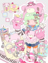  1girl :3 animal_hands apron bandaid can chair commentary gloomy_bear gloves green_eyes green_hair hair_ornament hand_puppet hat headphones highres instrument keyboard_(instrument) nintendo_switch notebook paw_gloves pen pleated_skirt puppet riiverr ruler sailor sailor_collar skirt striped_clothes striped_sleeves striped_thighhighs thigh-highs tissue_box two_side_up untranslatable_commentary watch watch 