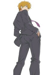  1boy blonde_hair buttoned_cuffs buttons commentary_request feet_out_of_frame floating_neckwear from_behind grey_jacket grey_pants grey_suit hands_in_pockets jacket layered_sleeves long_sleeves looking_back looking_to_the_side male_focus mob_psycho_100 necktie nekomaru_kurumi pants purple_necktie reigen_arataka short_hair solo spiky_hair standing suit suit_pants 