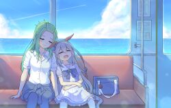  2girls animal_ears bag blue_hairband blush bow bowtie closed_eyes closed_mouth ear_covers green_hair grey_hair grey_tail hair_between_eyes hairband headband highres horse_ears horse_girl horse_tail komiyama_masami long_hair long_sleeves multicolored_hairband multiple_girls open_mouth pants pleated_skirt puffy_short_sleeves puffy_sleeves purple_bow purple_bowtie purple_shirt red_headband sailor_collar sailor_shirt school_bag school_uniform shirt short_sleeves sitting skirt smile striped_clothes striped_hairband tail tamamo_cross_(umamusume) thigh-highs tracen_school_uniform train_interior two-tone_hairband umamusume umamusume:_cinderella_gray very_long_hair white_sailor_collar white_shirt white_skirt white_thighhighs zaijian_(xxx1148297) 