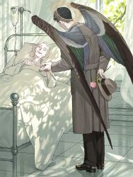  1boy 1girl angel bed black_hair black_pants black_shoes brown_coat brown_hat brown_wings closed_eyes coat curtains dress_shoes faceless faceless_male feathered_wings fedora flower halo halo_behind_head hand_on_own_chest hat highres holding holding_flower holding_hands hospital_bed indoors intravenous_drip jaddddan lying medium_hair old old_woman on_bed open_mouth original oxfords pants pink_flower pink_rose pinstripe_pants pinstripe_pattern rose shoes short_hair smile standing white_hair window wings yellow_halo 