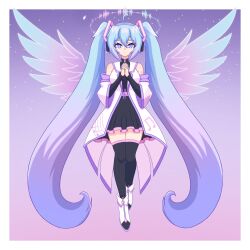  1girl aqua_eyes aqua_hair arm_tattoo bare_shoulders black_shirt black_skirt black_thighhighs boots border breasts commentary gradient_background halo hatsune_miku headphones highres jacket kaleislazy large_breasts long_hair looking_at_viewer number_tattoo own_hands_together pink_background pink_trim purple_background shirt skirt solo straight-on tattoo thigh-highs twintails very_long_hair vocaloid white_boots white_border white_jacket wings 
