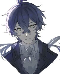  1boy :| absurdres antenna_hair aofuji0908 ascot black_coat blue_hair closed_mouth coat commentary cropped_shoulders double-parted_bangs empty_eyes flins_(genshin_impact) floating_hair genshin_impact highres long_hair looking_at_viewer male_focus portrait sanpaku simple_background solo turtleneck very_long_hair white_ascot white_background yellow_eyes 