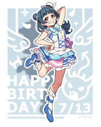  1girl absurdres birthday blue_hair border commentary dated earrings english_text full_body grey_background grin hair_bun hand_on_own_wrist happy_birthday hat highres hotechige jewelry kimi_no_kokoro_wa_kagayaiteru_kai? long_hair love_live! love_live!_sunshine!! pink_eyes single_side_bun smile standing standing_on_one_leg tsushima_yoshiko twitter_username white_border 