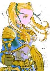  1girl aqua_ribbon armor blonde_hair blue_eyes breasts closed_mouth commentary dirty dirty_face dragon_quest dragon_quest_builders_2 earrings female_builder_(dqb2) gloves gold_trim grey_gloves hair_ribbon highres holding holding_shield holding_sword holding_weapon hoop_earrings jewelry long_hair medium_breasts mouyi plate_armor ribbon shield shoulder_armor solo sparkle sword twintails upper_body weapon white_background 